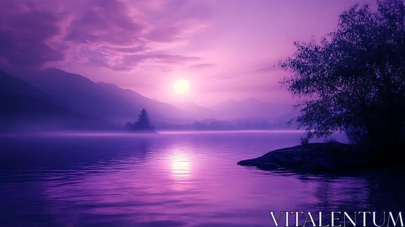 Purple toned lake sunset shows silhouetted trees and hills