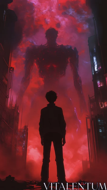 Lone dreamer faces a towering red phantom in neon fog.