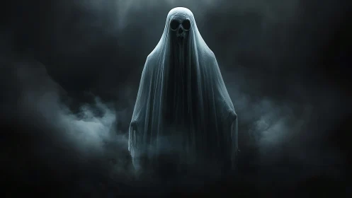 Shrouded skull-faced ghost emerges from dense swirling fog.