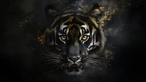 Tiger face emerging from dark smoke and gold sparks.