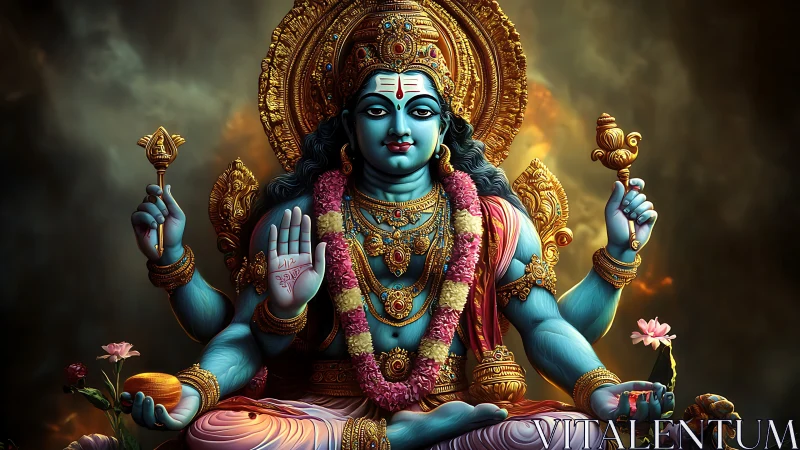 Blue four-armed Hindu deity in ornate golden halo.