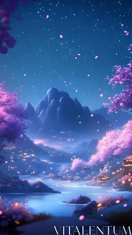 Starlit cherry blossom valley by a tranquil moonlit river.