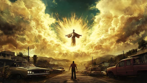 Man confronts radiant celestial figure in glowing sky scene.