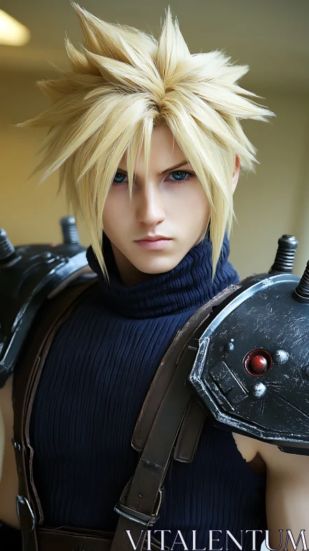 Spiky-haired warrior stares ahead in cool battle armor