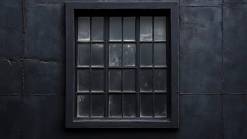 Dark industrial window set in textured black wall.