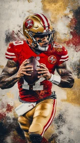 Quarterback in motion holds football against textured backdrop