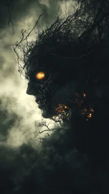 Smoldering forest spirit gazes through mist and tangled roots