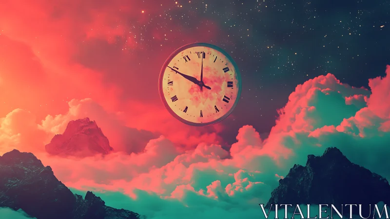 Celestial clock drifts through neon clouds and starry dusk.