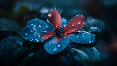 Luminescent Flower with Prismatic Petals and Water Droplets.