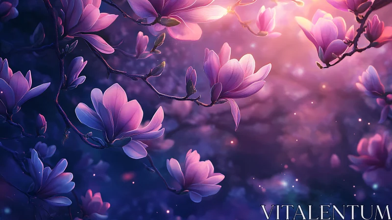 Purple Magnolia Blossoms Illuminated by Ethereal Golden Light