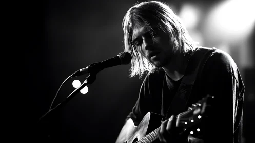 Monochrome close-up of guitarist singing into stage microphone.