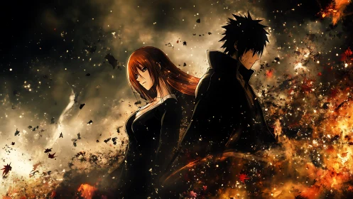 Two anime figures amid abstract fiery debris field.