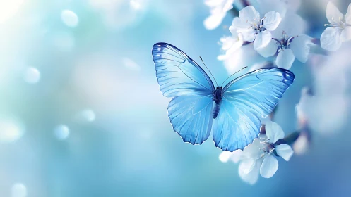Blue butterfly is positioned on white blossoms in soft focus