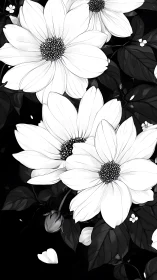 Black and White Floral Study: Daisy Composition with Foliage
