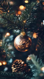 Copper glass bauble on evergreen branch with warm bokeh lights