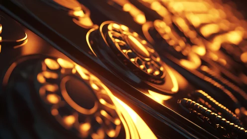 Close-up metallic rotary telephones under warm lighting.