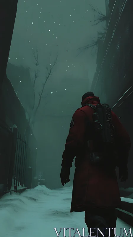 Figure in red coat moves through narrow snowy urban alley