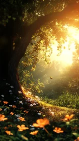 Golden forest sunrise spills gently across wildflower glade