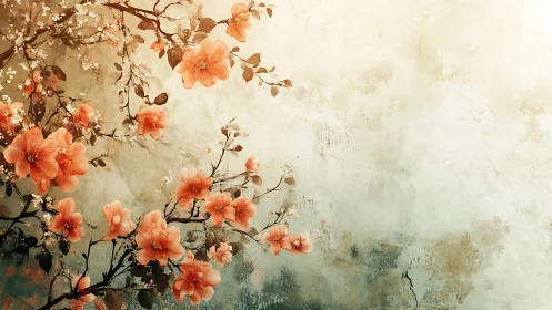 Coral Flowers Against Weathered Textured Surface.