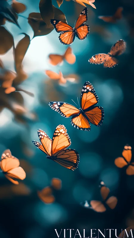 Monarch butterfly swarm in shallow-depth bokeh forest field.