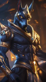 Armored jackal god stands amid glowing embers of power.