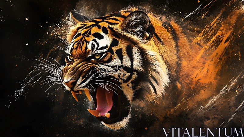 Roaring tiger head in dynamic orange and black paint explosion