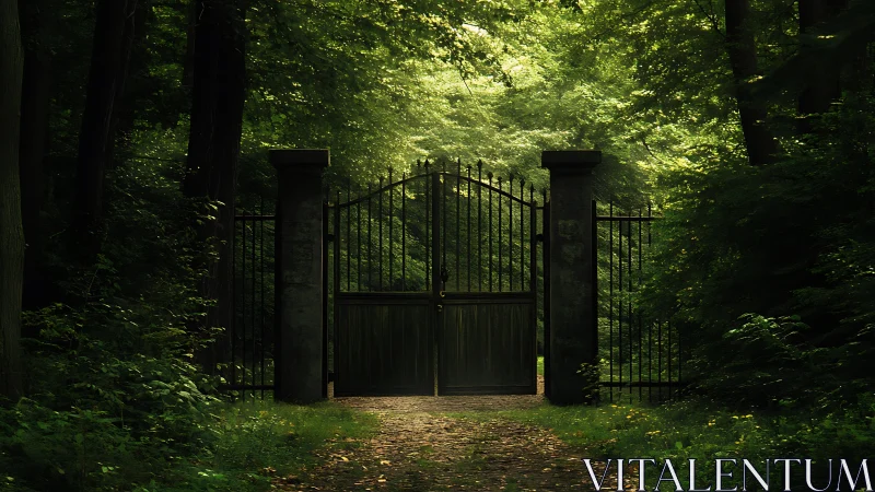 Iron gates frame forest path beneath dense canopy