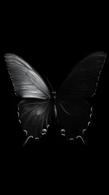 Black butterfly spreads luminous wings in stark darkness.