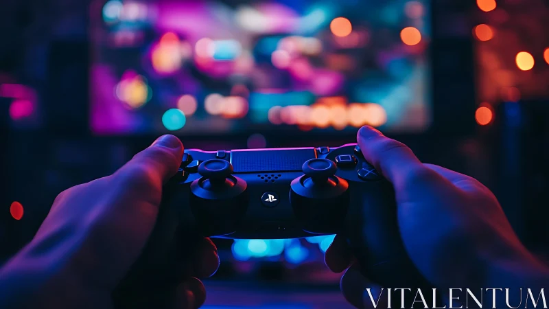 Close view of game controller against blurred neon screen.