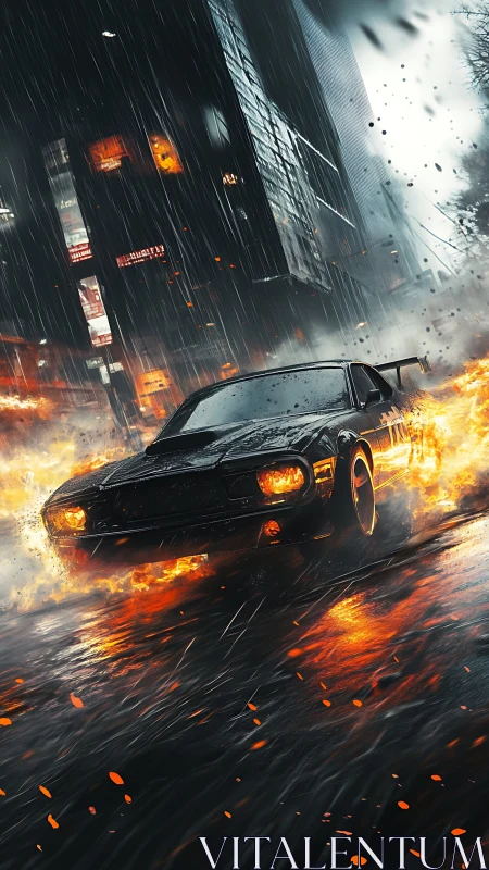 Muscle car drifts through rain with surrounding fire effects