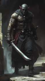 Armored orc warrior descends stone steps with curved blade