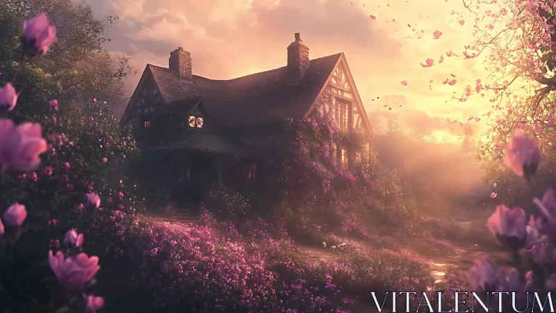 Countryside cottage in dense flowering garden at sunset.