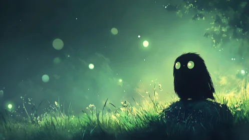 Small dark creature in luminous green forest clearing at night.