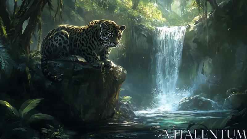 Leopard Prowls Jungle Waterfall in Emerald Wilderness.