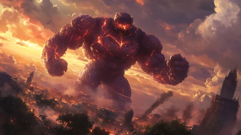 Molten stone titan towers over burning dusk cityscape.