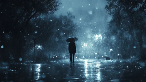 Solitary figure under umbrella in nocturnal urban downpour.