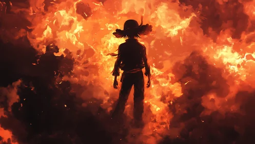 Silhouetted Figure Against Inferno: Digital Cinematic Composition.