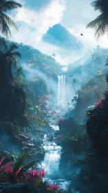 Vertical jungle cascade under atmospheric mountain haze