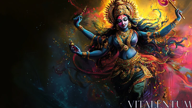 Digital depiction shows multi-armed deity in dynamic motion