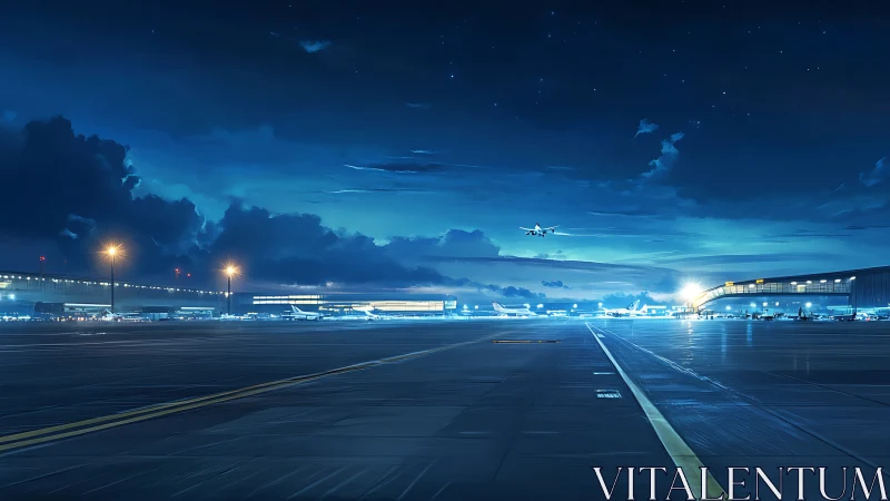 Night airport runway with illuminated terminal and aircraft.