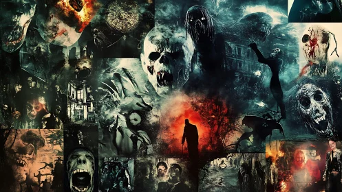 Nightmarish horror collage engulfs a lone figure in firelit gloom