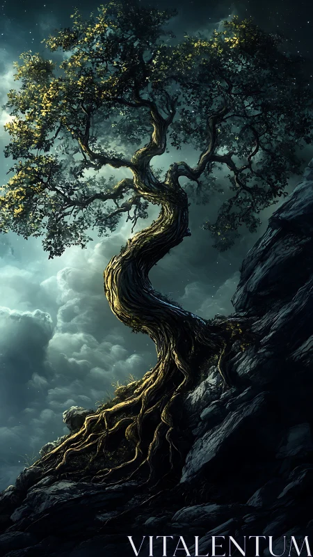 Twisted cliffside tree curves skyward under dramatic moonlit clouds