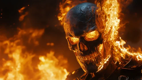Pyrokinetic metallic skull entity under intense combustion field.