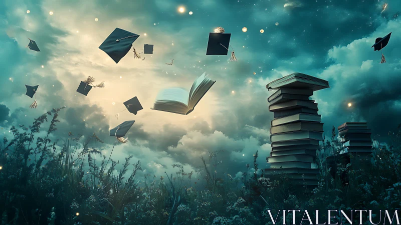 Graduation caps and books floating above cloudy meadow.