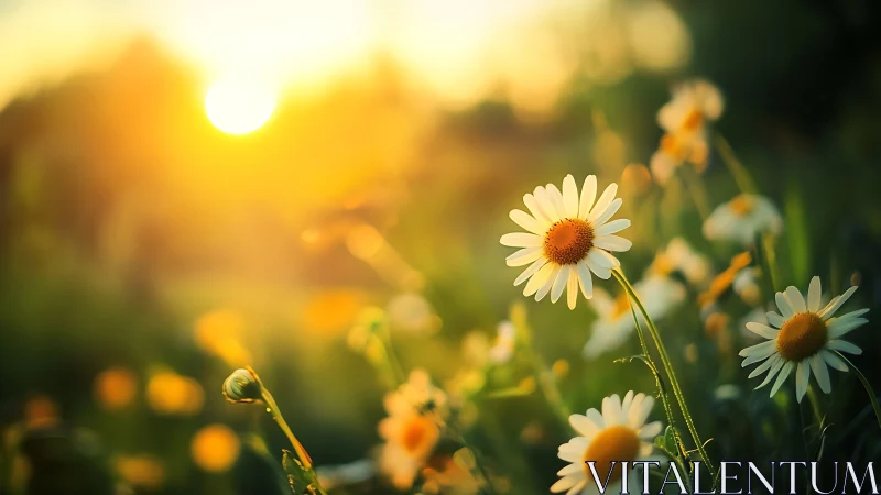Daisy flowers in warm sunset light over soft green field.