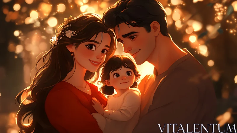 Digital rendering depicts three figures with warm luminous background.