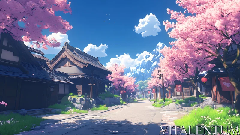 Quiet cherry blossom village under crisp mountain skies.