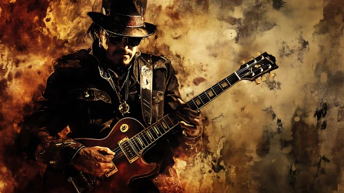 Guitarist in dark clothing against textured brown backdrop.