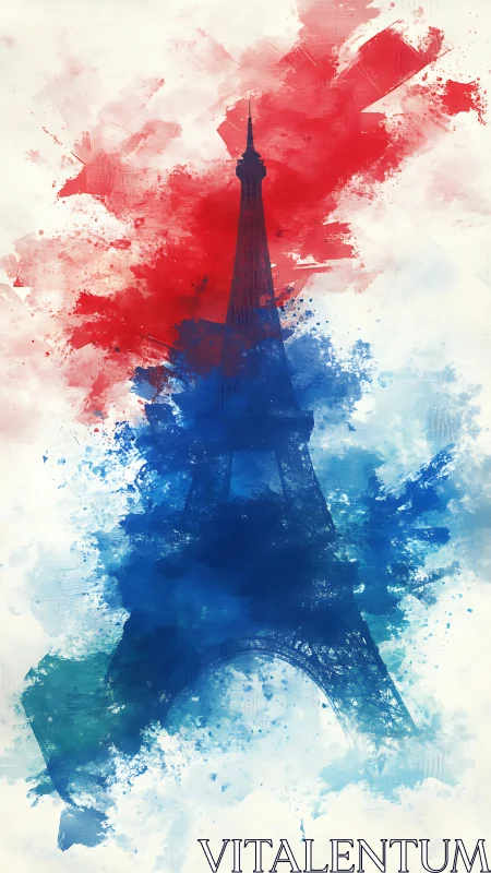 Tricolor dreams erupt around a watercolor Eiffel silhouette.