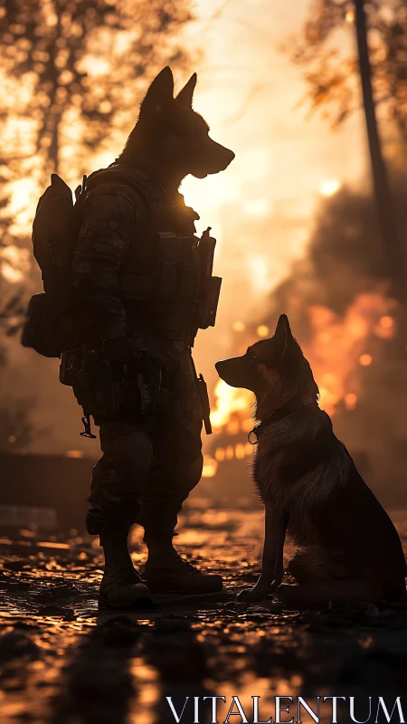 Anthropomorphic canine soldier with dog in burning forest.
